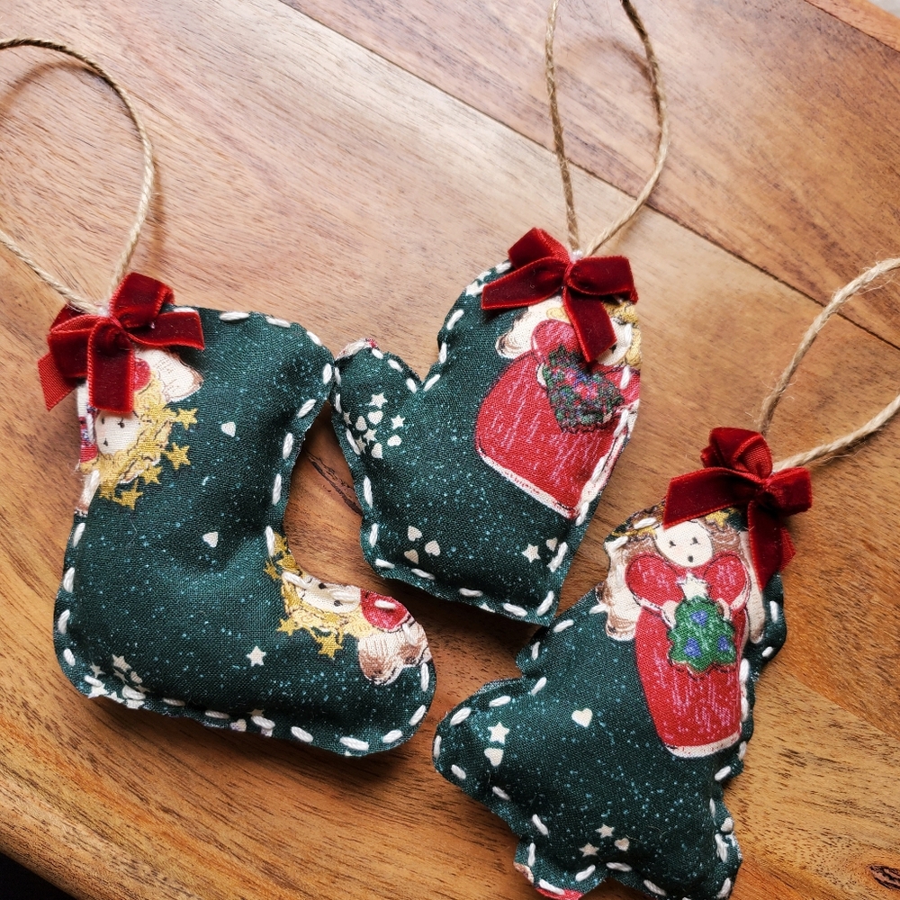 Handmade handsewn Christmas Fabric Ornaments Set Of 3 - Picture 5 of 6